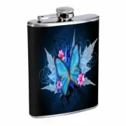 Blue Butterfly Flower Em2 Flask 8oz Stainless Steel Hip Drinking Whiskey