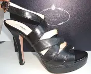 NEW $695 Prada Black Heel 40 9.5 Crisscross Strap Vitello Shine Platform Sandal