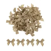 50Pcs Mini Gingham Ribbon Bow 1.5" Checkered Fabric Satin Brown and Light Yellow