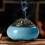 Ceramic Incense Burner Censer Coil Stick Holder Ash Catcher w/ Alloy Cover Aromatherapy Decor 160 LIGHT BLUE