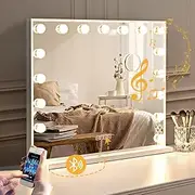 Simplus Vanity Makeup Mirror with Lights Hollywood LED Mirrors Stand, Bluetooth Speaker USB Power Charging and Smart Touch Control Screen, 17 Dimmable LED Lights Stable Base White, 70x57cm