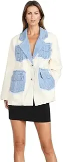[Bciopll] Women Notched Collar Long Sleeve Spliced Pocket Casual Blazer Patchwork Denim Jacket