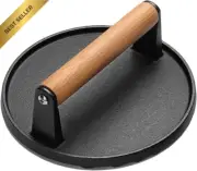 Heavy Round Cast Iron Smash Burger Press Griddle Bacon Wood Handle