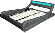 [Priceworth] Thomas Double Bed Frame with LED Light, Bedroom Furniture, Steel Frame with Reinforced Steel Bars, Wooden Arch Slats, 16 Colours and 4 Flashing Modes LED, 62 H x 152 W x 206.5 D CM, Grey