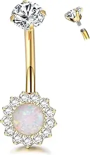 [ZZHDCC] Titanium Belly Button Ring 14G Belly Button Rings AAAAAA Cubic Zirconia Flower Opal 10mm Gold Plated Belly Ring for Women Halo Internally Threaded Navel Body Belly Piercing