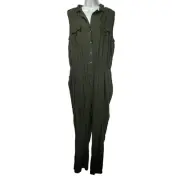 ashley stewart one piece green sleeveless Collared button front jumpsuit size 16