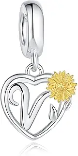 [Linorui] 925 Sterling Silver Sunflower Pendant Letter Charms A~Z Alphabet Charm Letter Beads fit Pandora Bracelets fit Wife Daughter Mom Christmas Birthday Gift