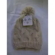 NEW Alexa Rose Winter Knit Hat Beanie Tuk Gold Tan Woven Girl's Pom Pom Stretch