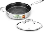 3.4QT Stainless Steel Jumbo Cooker - Triply Kitchenware Jumbo Cooker with Glass Lid - Dakin Etching Non-Stick Coating, Scratch-Resistant Raised-up Honeycomb Fire Textured Pattern - NutriChef NC3PSAUC