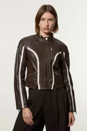 Leather Colourblock High Collar Motto Biker Jacket
