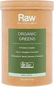 Raw Real Food Nutrients Organic Greens - Vanilla & Mint | Certified Organic Vegan Superfood | Alkaline Detox, Digestive Support, Energy Boost | Gluten-Free, Non-GMO, High Chlorophyll – 500g