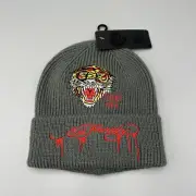 Ed Hardy Embroidered Tiger Beanie, Grey, Red, Yellow, Black Winter Hat. OSFM