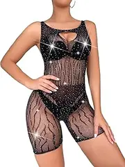 [Aucute] Sexy Fishnet Lingerie for Women Sparkle Rhinestone Sheer Mesh Bodystocking Sexy Tights Bodycon Romper Shorts Jumpsuit