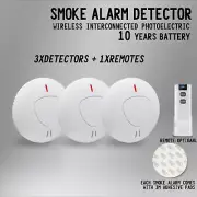 3 Pack Smoke Alarm Wireless Interconnected Photoelectric Detector 10 Year+Remote
