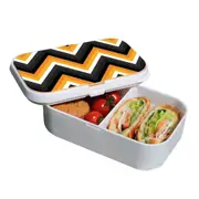 Lunch Box Food Container Picnic Authentic Wood Strap Cutlery Zigzag Black Orange
