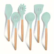 Catzon 6 Pcs Silicone Cooking Utensils with Wooden Handle Heat Resistant-Light Green