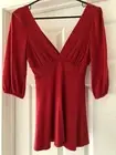 Womens Forever 21 Red Blouse Deep V Neck Tunic Bell Sleeve Ruched Peasant Shirt