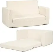 FAYDUDU Kids Sofa, 2-in-1 Fold Out Soft Toddler Couch, Toddler Sofa Bed with Washable Covers, Toddler Chair with Side Pocket Suitable for Playroom and Bedroom, Baby Sofa for Boys and Girls (Beige, L)