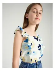 [Tilii] Linen Frill Top in White Floral