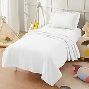 KKJIAF Toddler Bed Set 3 Piece, Microfiber Soft Toddler Bed Comforter Set Includes a Flat Sheet, a Fitted Sheet and a Ruffle Pillowcase, White