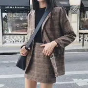 Plaid Blazer / High-Waist Plaid A-Line Mini Skirt / Set Blazer - S