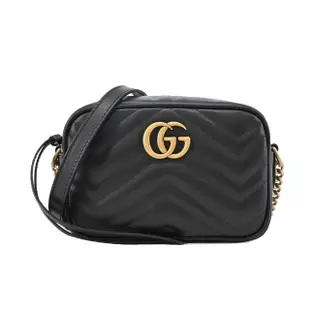 【GUCCI 古馳】GG Marmont 迷你絎縫皮革斜背/相機包(黑色)