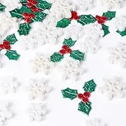 Gosknor 150pcs Miniature Christmas Decorations, Including 100 Christmas Holly Leaves Berries & 50 Snowflake Ornaments Christmas Vase Filler Xmas Party Supplies for Xmas Tree DIY Crafts Home Decor