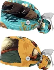 [YTYVAGT] 2-Pc,Nurse Scrub Caps,Scrub Hats with Buttons and Cotton Sweatband,Animal Otter Art The Background