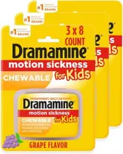 Dramamine Kids Chewable, Motion Sickness Relief, Grape Flavor, 8 Count, 3 Pack
