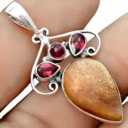 Natural Sunstone - Namibia & Garnet 925 Sterling Silver Pendant Jewelry P-1244