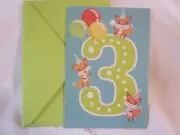 3 YEAR OLD ANIMAL BALLON BIRTHDAY GREETING CARD 5 X 7"