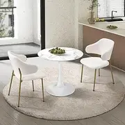 Oikiture Dining Table and Chair Set 90cm Round Table with Dining Chairs Set of 2 Sherpa Kitchen Chair White