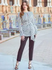 Sosandar Black Keyhole Detail Tie Side Satin Top (B81004) | $136