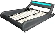 [Priceworth] Thomas Queen Bed Frame with LED Light, Bedroom Furniture, Steel Frame with Reinforced Steel Bars, Wooden Arch Slats, 16 Colours and 4 Flashing Modes LED, 62 H x 167 W x 219.5 D CM, Grey