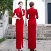 Retro Womens Elegant Cheongsam Qipao Fall Red Velvet 3/4 Sleeves Dress Wedding