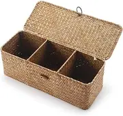Seagrass Tank Basket with Lid Woven Toilet Roll Storage Basket with Sections Rectangular for Organize Snack Toys, Large Compartment, 16.5x4.7x4.3inch
