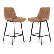 Raimon Furniture Set of 2 Fin Fabric Suede Kitchen Counter Bar Stool Black Metal Legs 66cm - Cognac