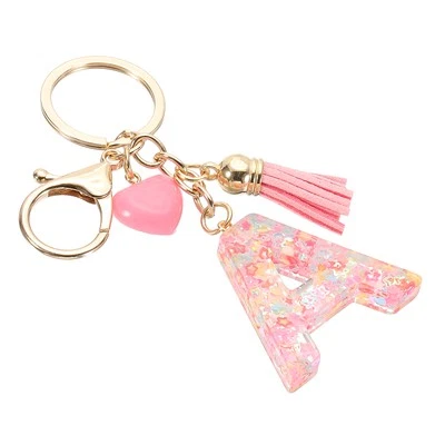 Initial Letter Keychain, Letter A Heart Design Charm with Tassels, Pink