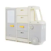 Babyjoy Kids Toy Storage Organizer Car-Shaped Toy Cabinet w/Drawing Board & Drawers Spacious Countertop Grey