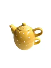 New Yellow White Polkadot Stack Teapot /Cup 10 Oz Tea For One Set 6" H x 6"W
