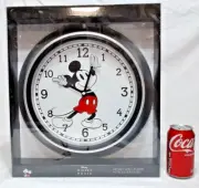 DISNEY RETRO MICKEY MOUSE WALL CLOCK WITH MOVING ARMS 14" SILVER FINISH, NIB
