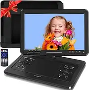 YOOHOO 16.9" Portable DVD Player with 14.1" Large HD Swivel Buttons Screen, 6 Hrs Battery DVD Player Portable, Power Adapter, Car Charger, Car Headrest Case, Support USB/SD Card/Sync TV, Region-Free