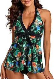 [FLYILY] Women's 2 Piece Tankini Swimsuits V-Neck Floral Print Tankini Tops Swimwear with Shorts Tummy Control Bathing Suits Bikini Set
