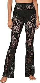 [MINGSEECESS] Women’s High Waist Rave Lace Floral Pants Flared Bell Bottom Pants for Festival Dance Clubwear