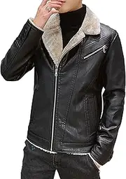 [Zylphorix] Black Sherpa Lined Faux Leather Jacket for Men - Quilted Detailing, Zip Closure, Warm Winter Coat