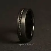 Sandblasted Black Meteorite Ring, 6mm Brushed Obsidian Ring, Mens Wedding Band