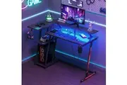 Advwin L Shaped Gaming Desk with LED Lights & Power Outlets Reversible Storage Shelf 120cm Computer Desk Black