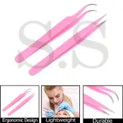2 Pcs Pink Eyelash Extension Tweezer Set Straight & Curved Volume Lash German Gr