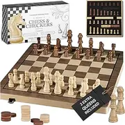 15" Wooden Chess Sets - Chess & Checkers Board Game | with 2 Extra Queens | Wooden Chess Set | Chess Board Set | Chess Sets for Adults | Chess Sets for Adults & Kids | Checkers Game for Kids & Adults