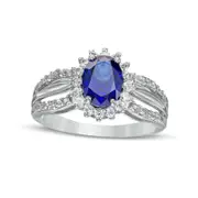 Oval Blue and White Lab-Created Sapphire Shadow Frame Split Shank Ring in Sterling Silver